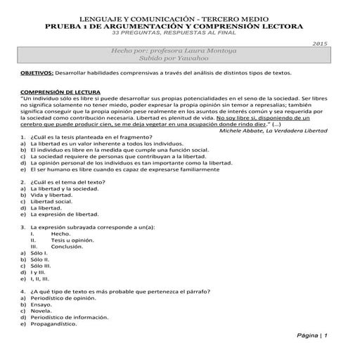 Lenguaje 3° medio - Prueba 1 de Argumentación y Comprensión Lectora