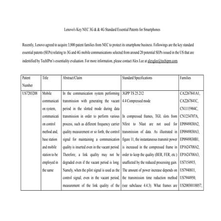 Lenovo's Key NEC 3G & & 4G LTE Standard  Essential Patents for Smartphones