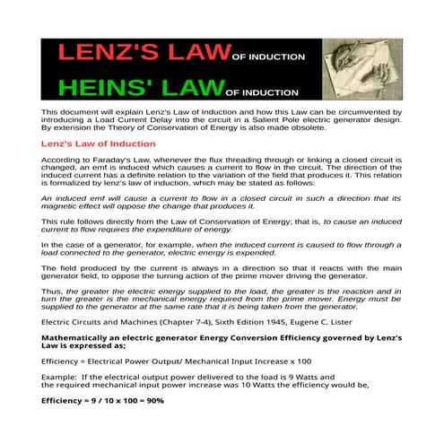 Lenz's Law & Heins' Law of induction for Electric Generators