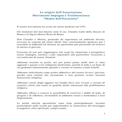 Le origini dell'Associazione Movimento Impegno e Testimonianza - Madre dell'E...