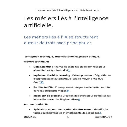 Les Metiers de IA la Listes et les axes principaux