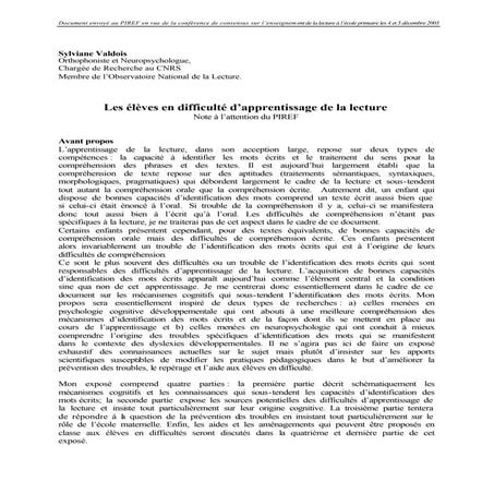 Les eleves en difficulte d'apprentissage de la lecture – Valdois, S