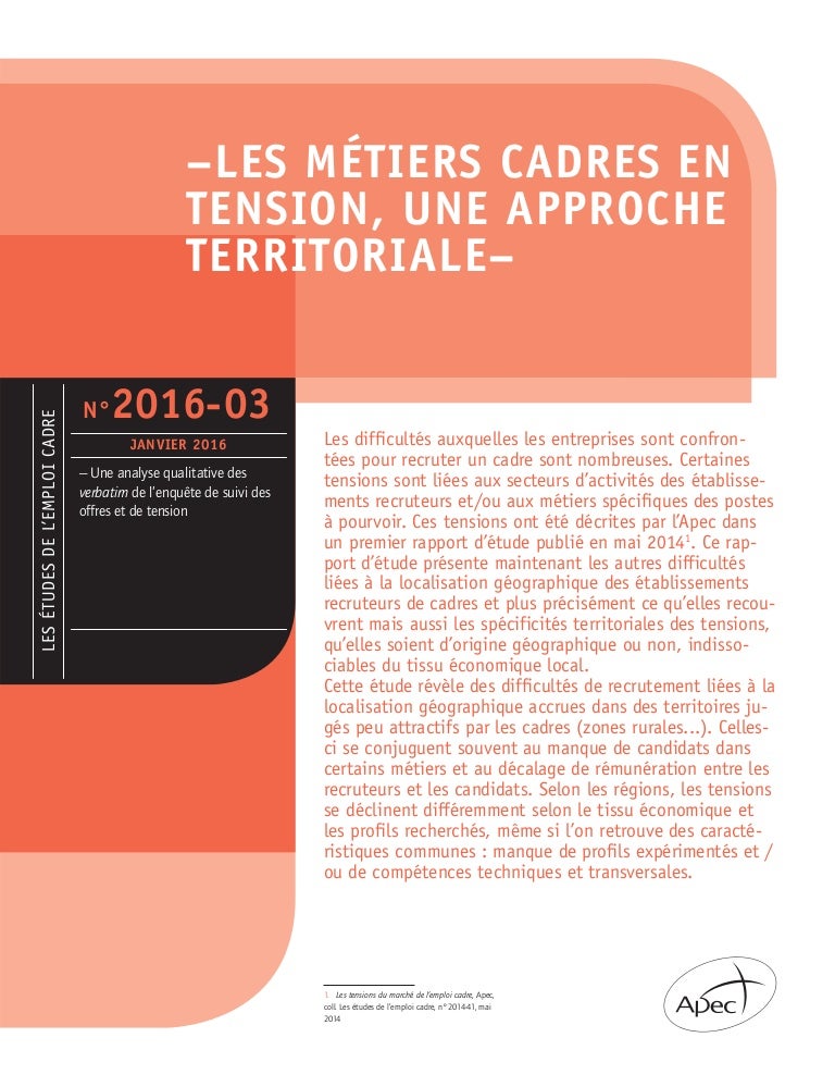 Etude Apec Les Metiers Cadres En Tension Une Approche Territoriale