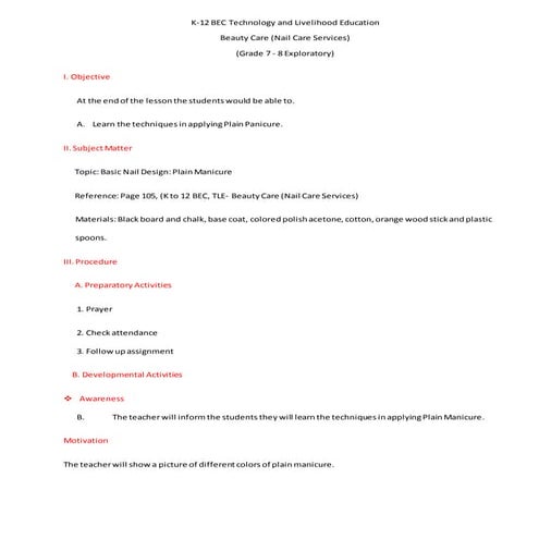 Leson plan in tle   nailcare   plain manicure