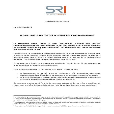 Le SRI publie le 1er top de acheteurs en programmatique