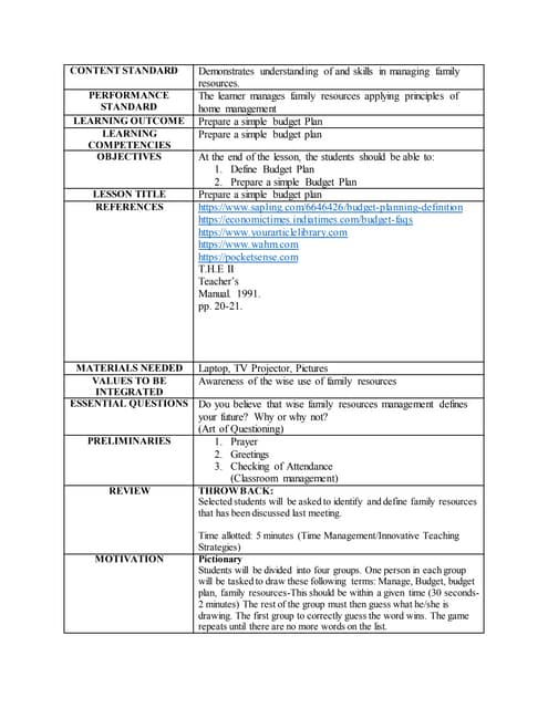 Lesson Plan TLE 6 Home Economics