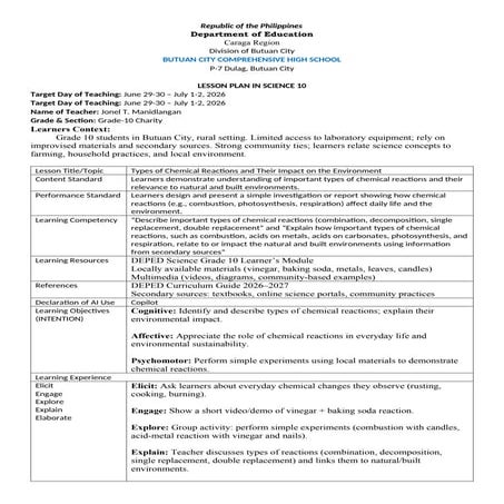 Comprehensive Science Lesson Plans for Grades 10-11: Chemical Reactions ...