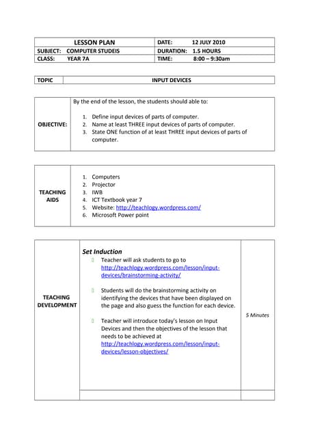 Lesson Plan : Input Devices