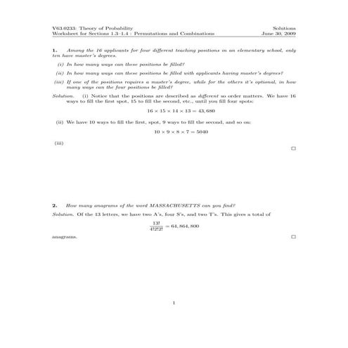 Worksheet: Permutations and Combinations (solutions)