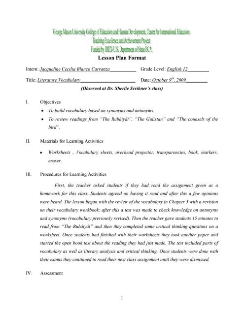 9th Grade English Lesson Plan PR