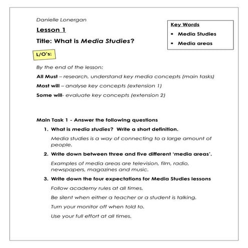 Lesson 1 intro to media worksheet | DOC