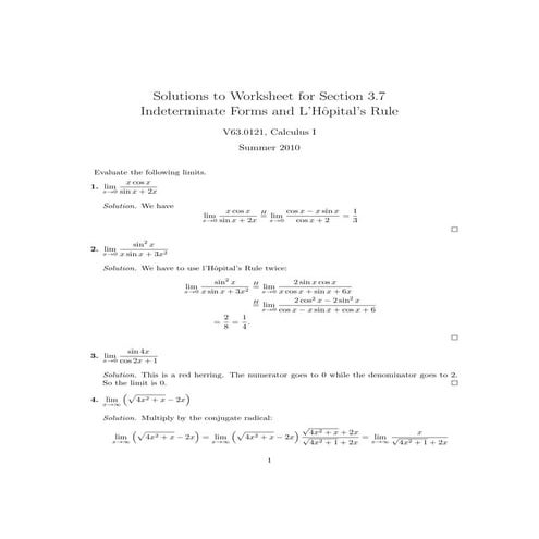 Lesson 17: Interminate forms and L'Hôpital's Rule (worksheet solutions)