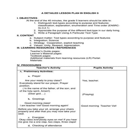 Detailed Lesson plan in English 5 Text types | DOCX | Educational ...
