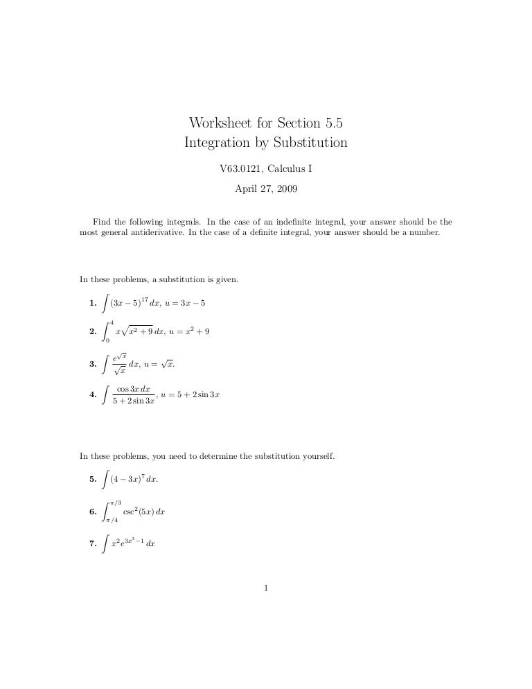 Printables U Substitution Worksheet lesson 27 integration by substitution worksheet