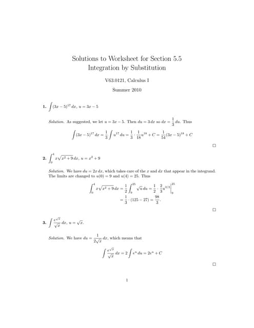 Lesson 27: Integration by Substitution (worksheet solutions)