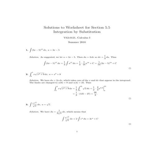 Lesson 28: Integration by Substitution (worksheet solutions)