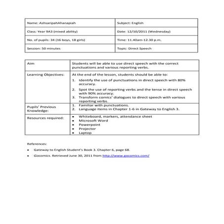 Lesson  Plan 5-  Direct Speech