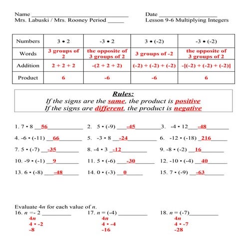 Lesson 9 6 multiplying integers