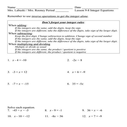 Lesson 9 8 integer equations