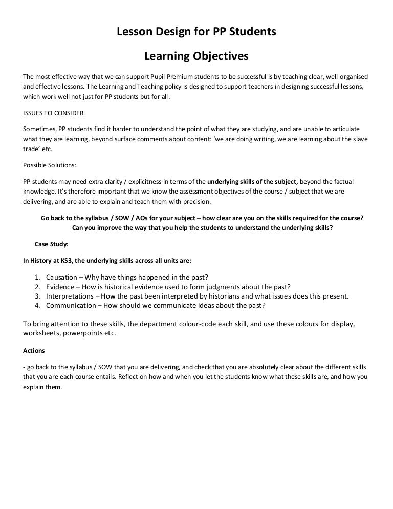 Lesson design for pp students objectives