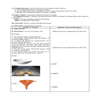 Lesson Plan on situational problems involving parabola   inquiry-based method