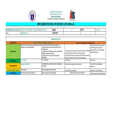 Sample Lesson Log on MYDev Life Skills Opening Activity