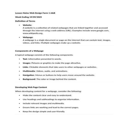 Lesson Notes Web Design Form 1 A.docx Developing Web Page Content | DOCX