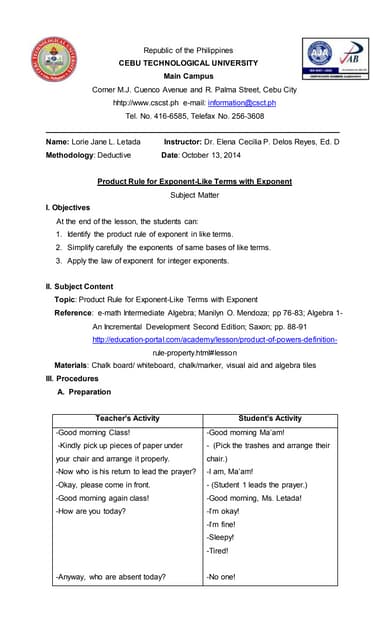 Detailed Lesson plan of Product Rule for Exponent Using the Deductive Method