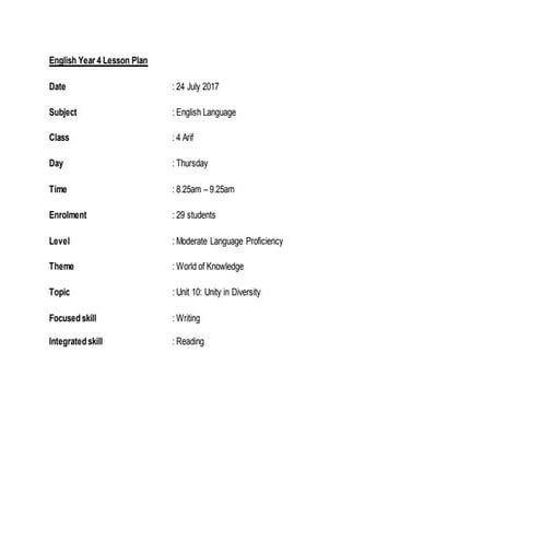 KSSR year 4 lesson plan reading unit 10