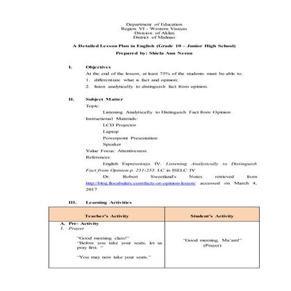 Detailed Lesson Plan in Fact and Opinion