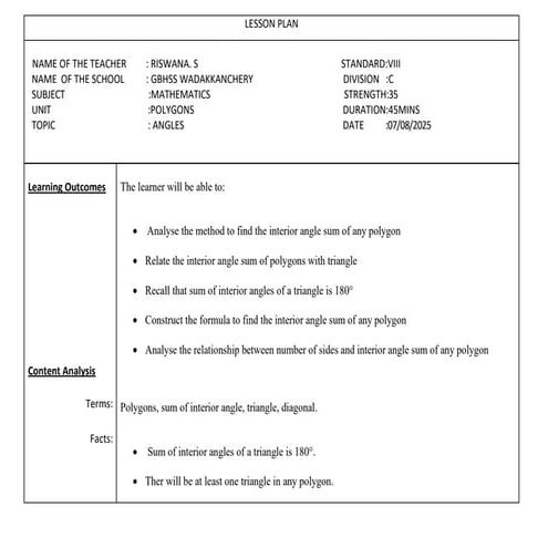 Lesson plan angle sum of triangle | PDF