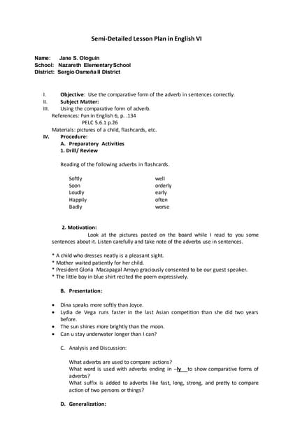 Lesson plan on degrees of comparison