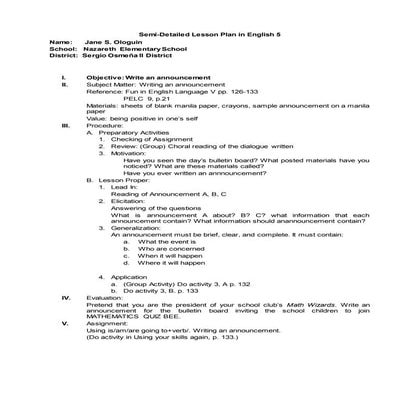 Lesson plan english 6 -writing announcement
