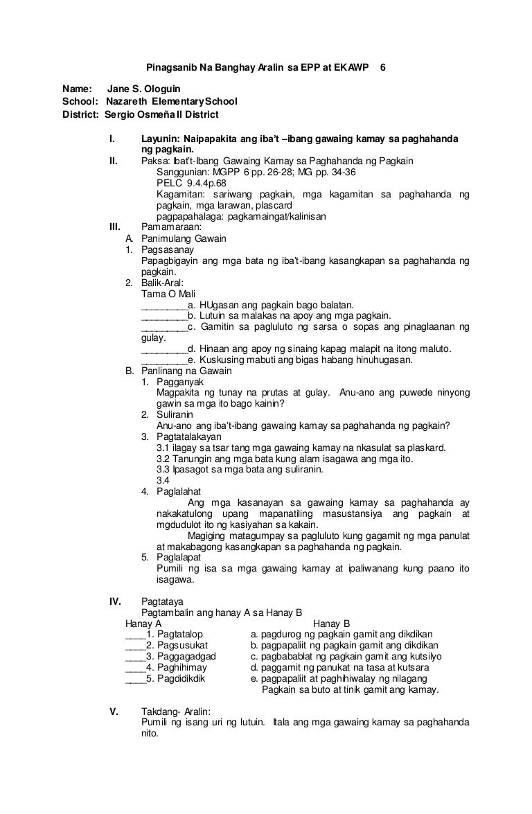 Lesson Plan Epp 6 mga Gawaing Kamay Sa Paghahanda Ng Pagkain