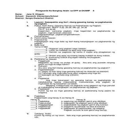 Lesson plan epp 6 -mga gawaing kamay sa paghahanda ng pagkain