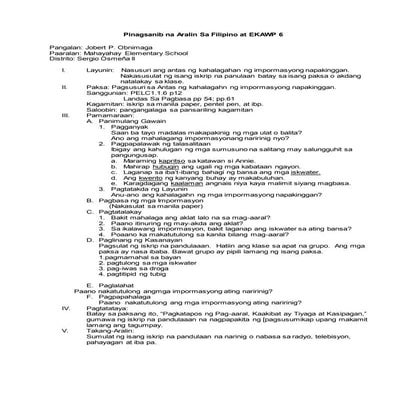 Lesson plan filipino 6 -pagsusuri sa antas ng kahalahan ng impormasyon