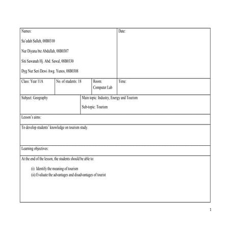 Tourism: Lesson plan 1