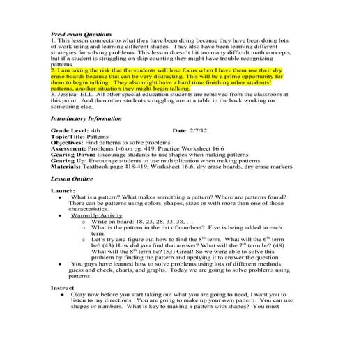 First Pattern Lesson plan | PDF