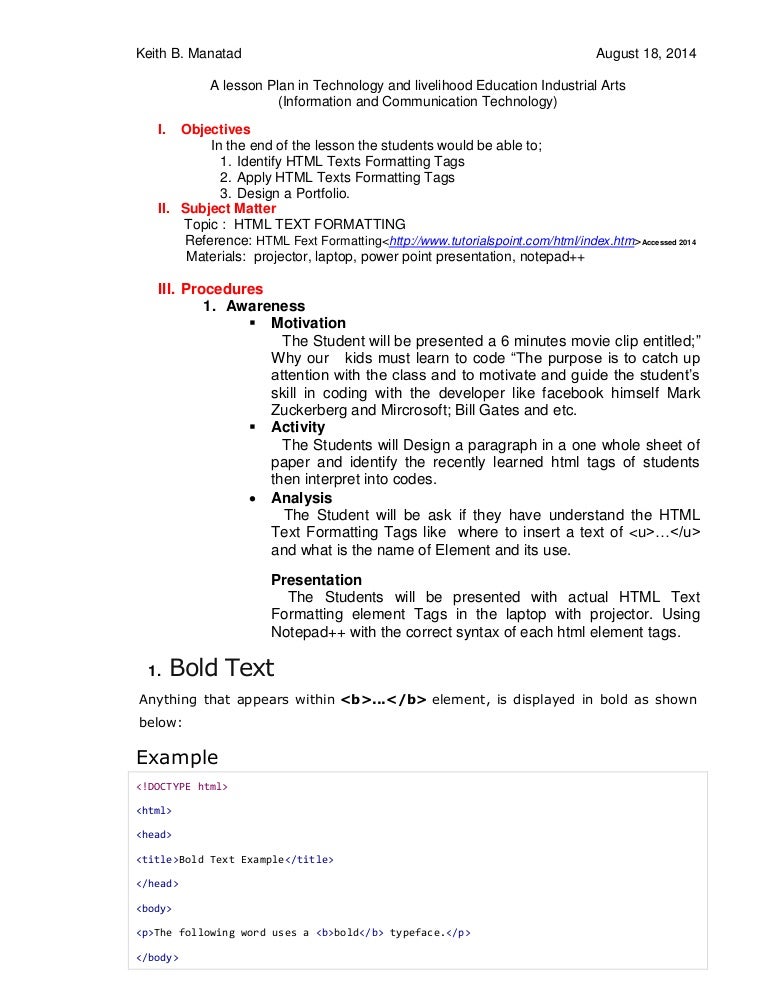 Lesson plan: HTML Formatting Texts and Paragraphs