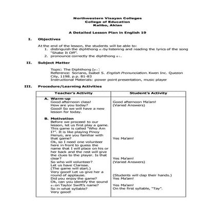 Detailed lesson plan in Diphthong
