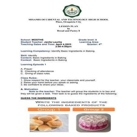 Lesson Plan in bread and pastry thank you | DOCX