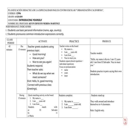 Didactic Planning for Teaching English: Introducing Yourself in 6th ...