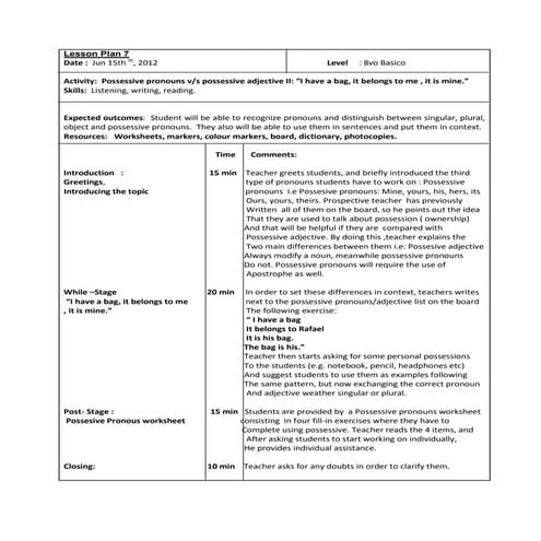 Lesson plan 7 octavo basico possesive pronouns ii