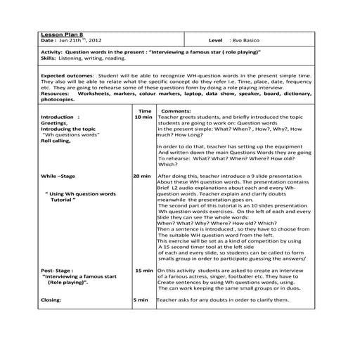 Lesson plan 8 octavo basico question words in the present