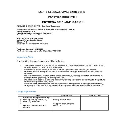 Lesson plan 9  práctica docente II - Santiago Cazenave