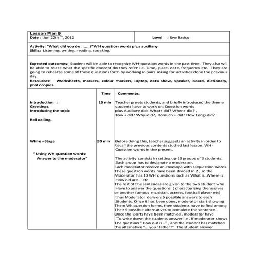 Lesson plan 9 octavo basico question words in the past