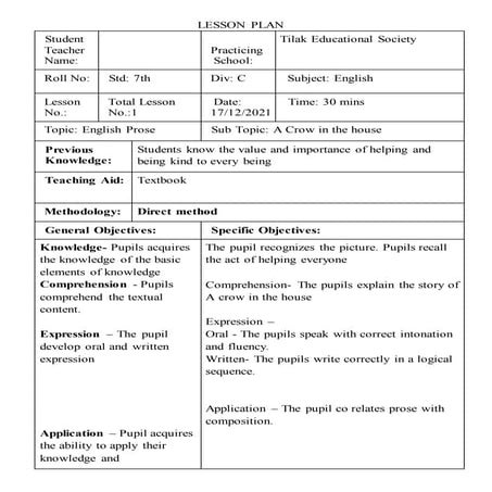 Lesson plan a crow in the house