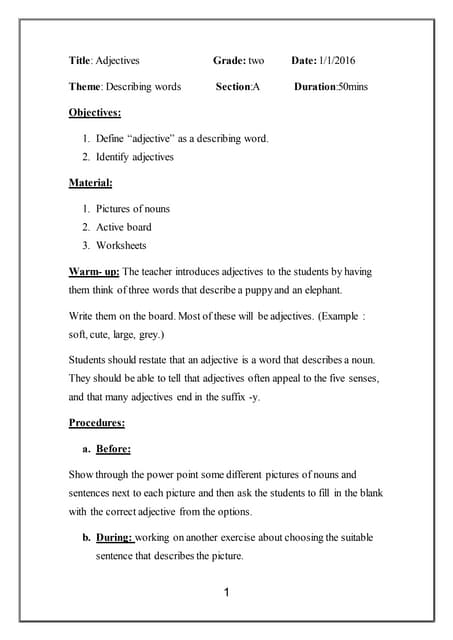 Lesson Plan Adjectives