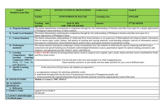 Detailed Lesson Plan for English 7 | DOCX | Food & Drink