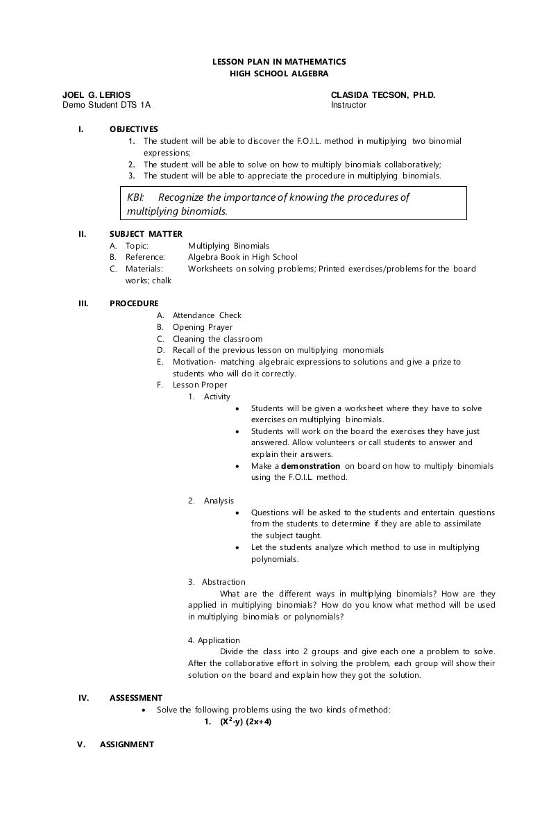 lesson plan demo in algebra facilitating in learning a lesson plan sample